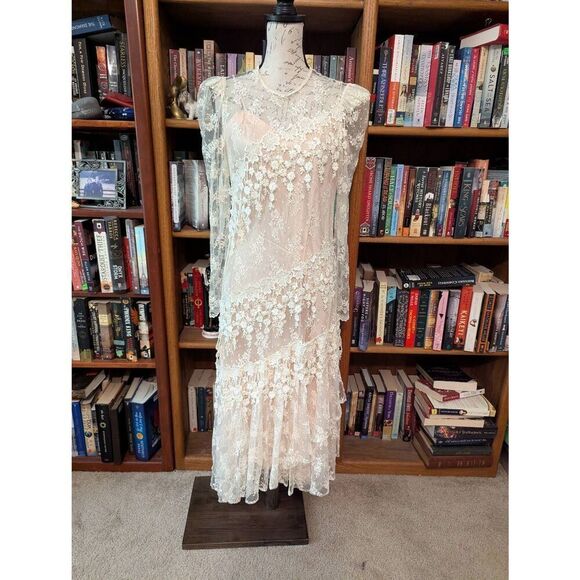 Vintage 80s does 20s Patra 14 Pink Midi Dress with White Lace Overlay - Picture 1 of 8